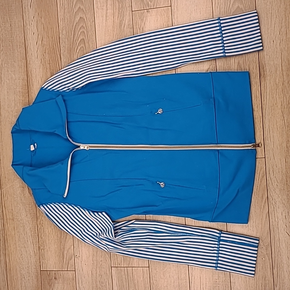 LULULEMON Blue White Striped Abstract Full Zip Womens Sz 8 Athletic Jacket
